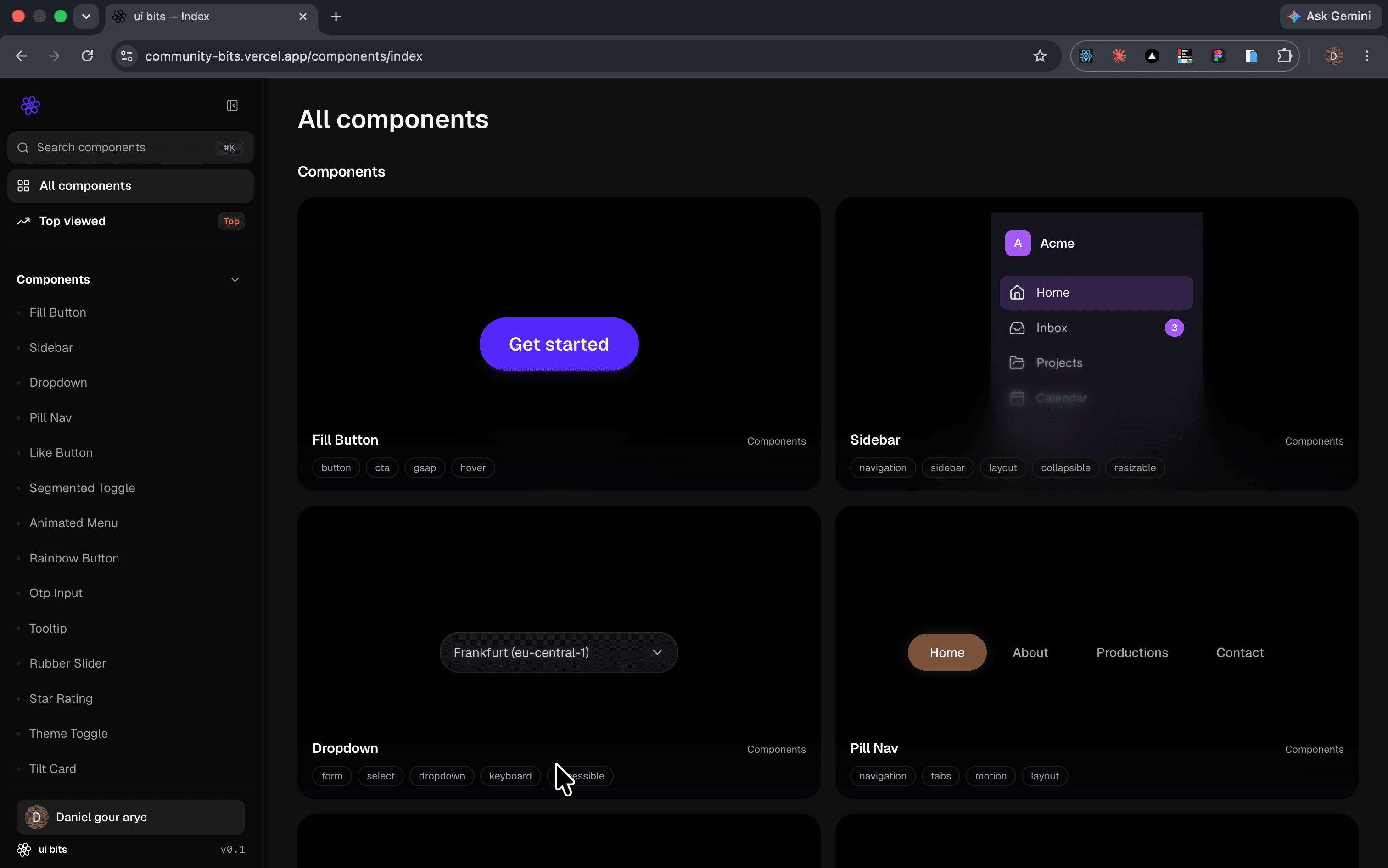 The ui bits index — a two-up grid of live component cards with names and tag chips, beside a sidebar listing every component by family