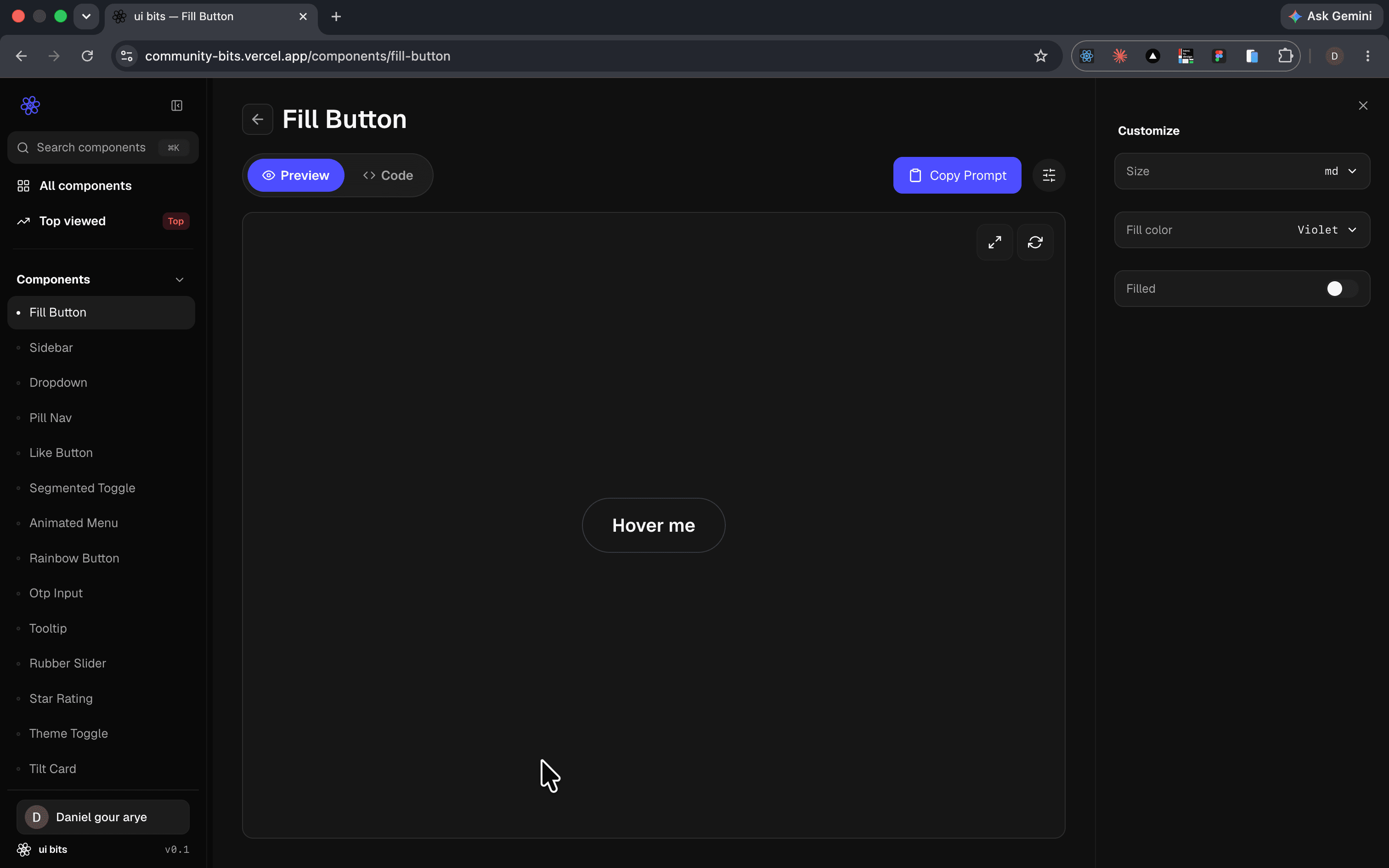 A component page — the Fill Button running in a preview canvas, with a Preview and Code toggle above it and a Customize panel of size, colour and filled controls on the right