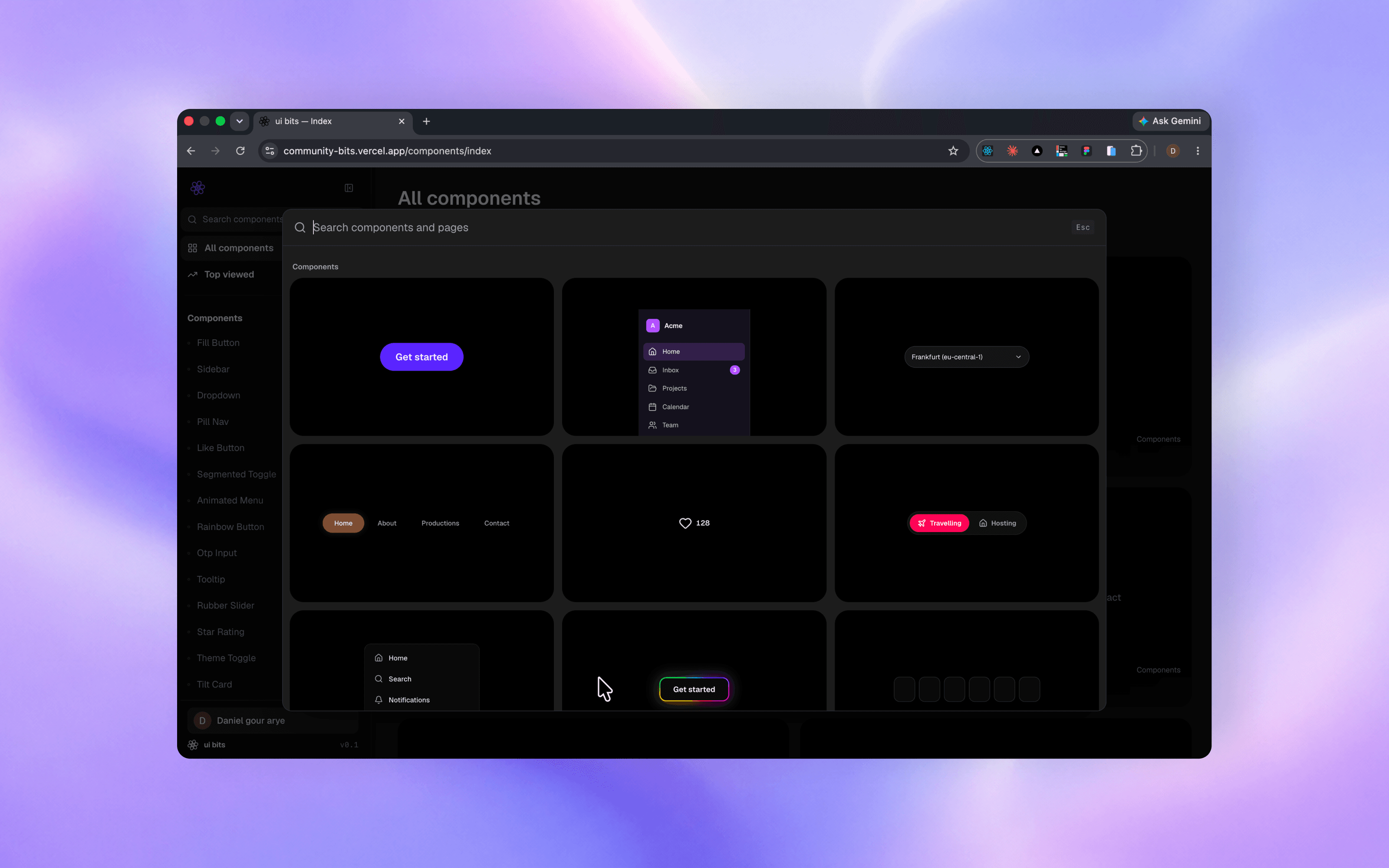 Components for the community — landing hero, component gallery, and the Aurora component in a layered composition